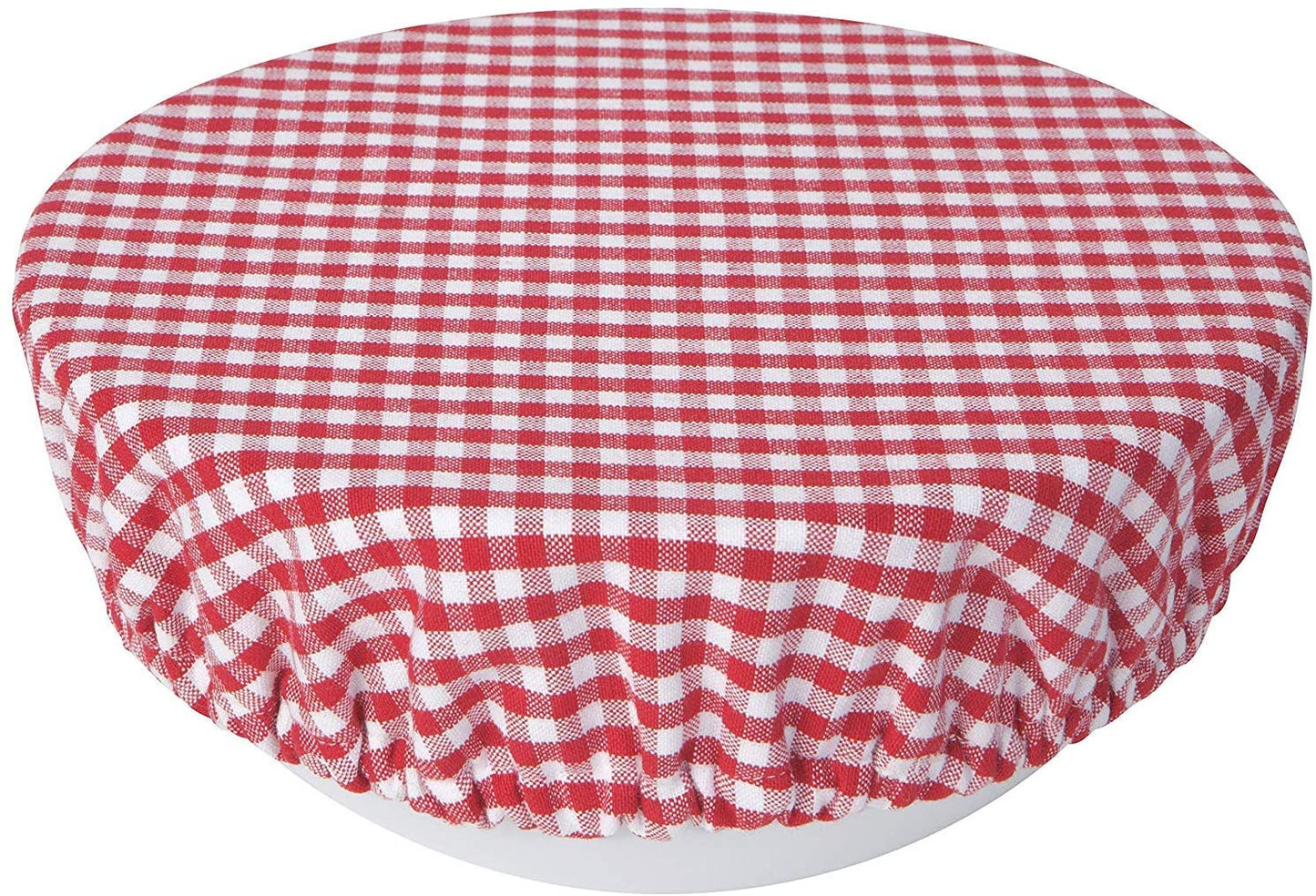 large gingham bowl cover on a bowl against a white background