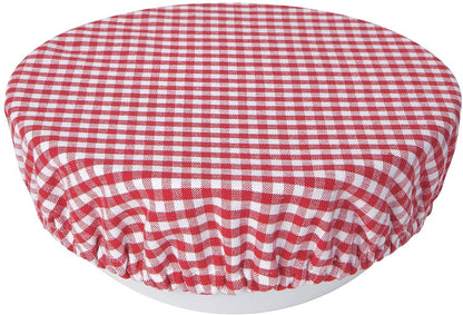 large gingham bowl cover on a bowl against a white background