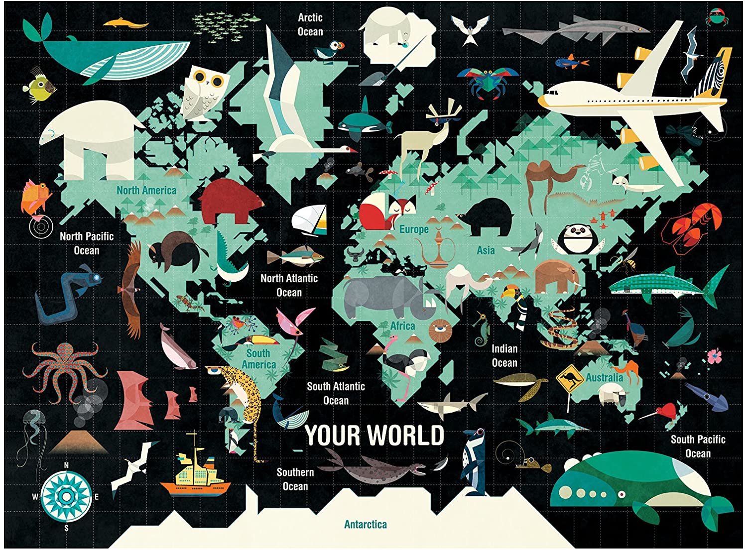 completed puzzle of world map with ocean and land animals