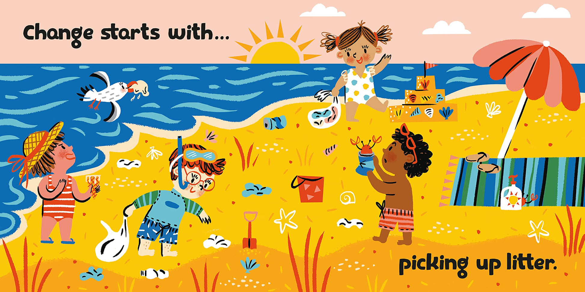 a page with graphics of multiple kids playing at the beach building a sand castle, and text 