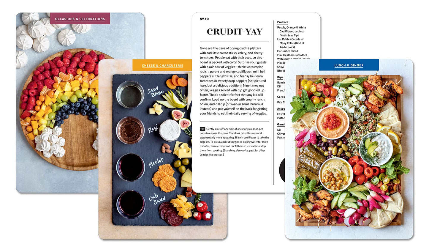 four different cheese board cards with pictures of fruit trays, cheese trays, and vegetable trays