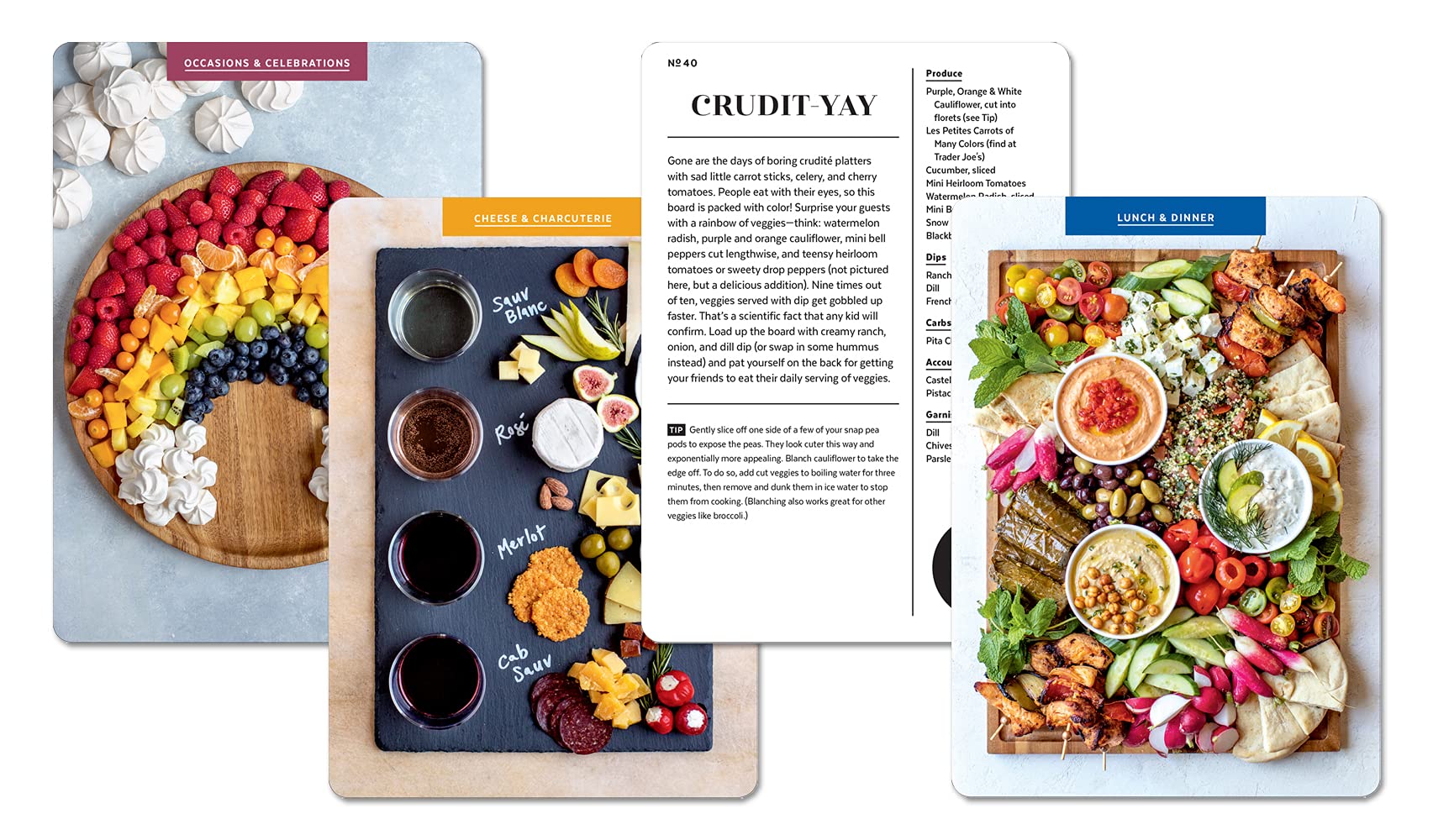 four different cheese board cards with pictures of fruit trays, cheese trays, and vegetable trays