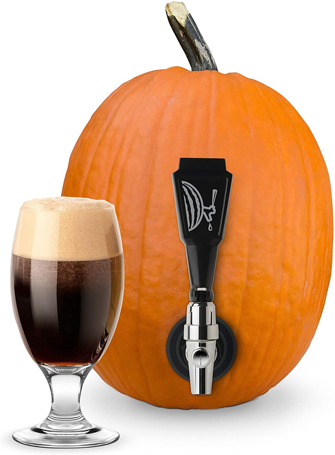 the tapping kit displayed in a pumpkin with a drink beside it on a white background