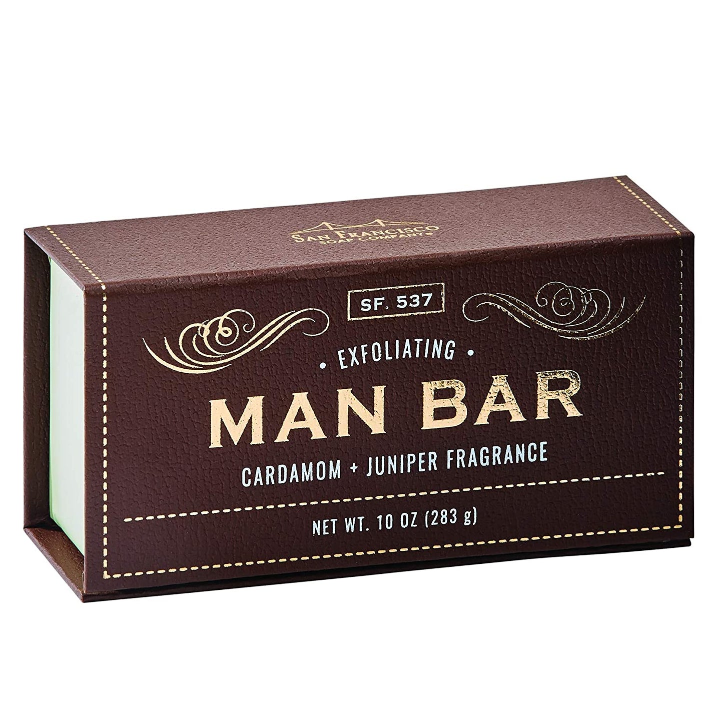 brown rectangular box of soap on white background. box has "man bar" written in gold, swirling gold graphics above text, and gold dotted line bordering the box edges.