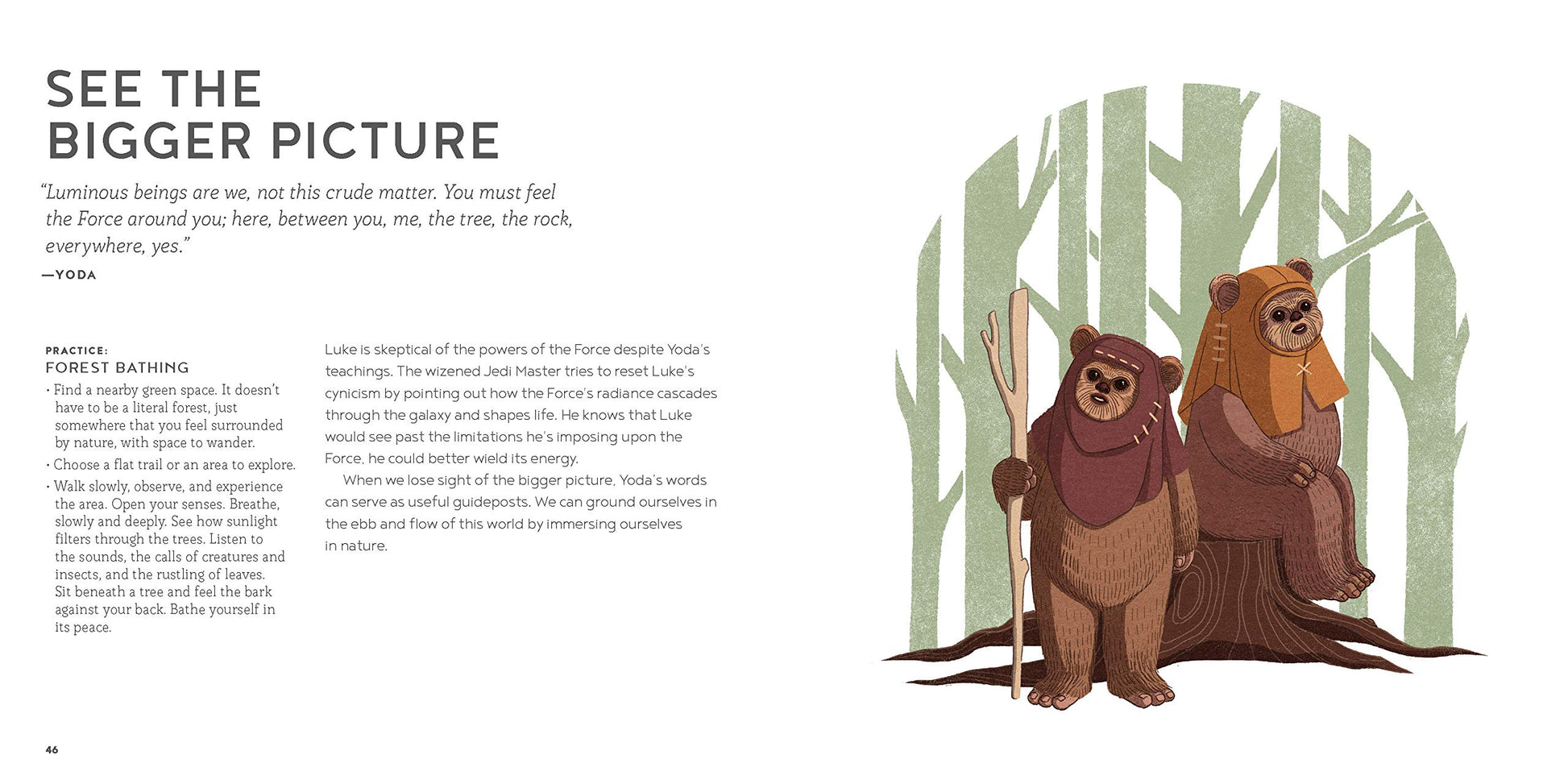 page of book with text and graphic of two ewoks 