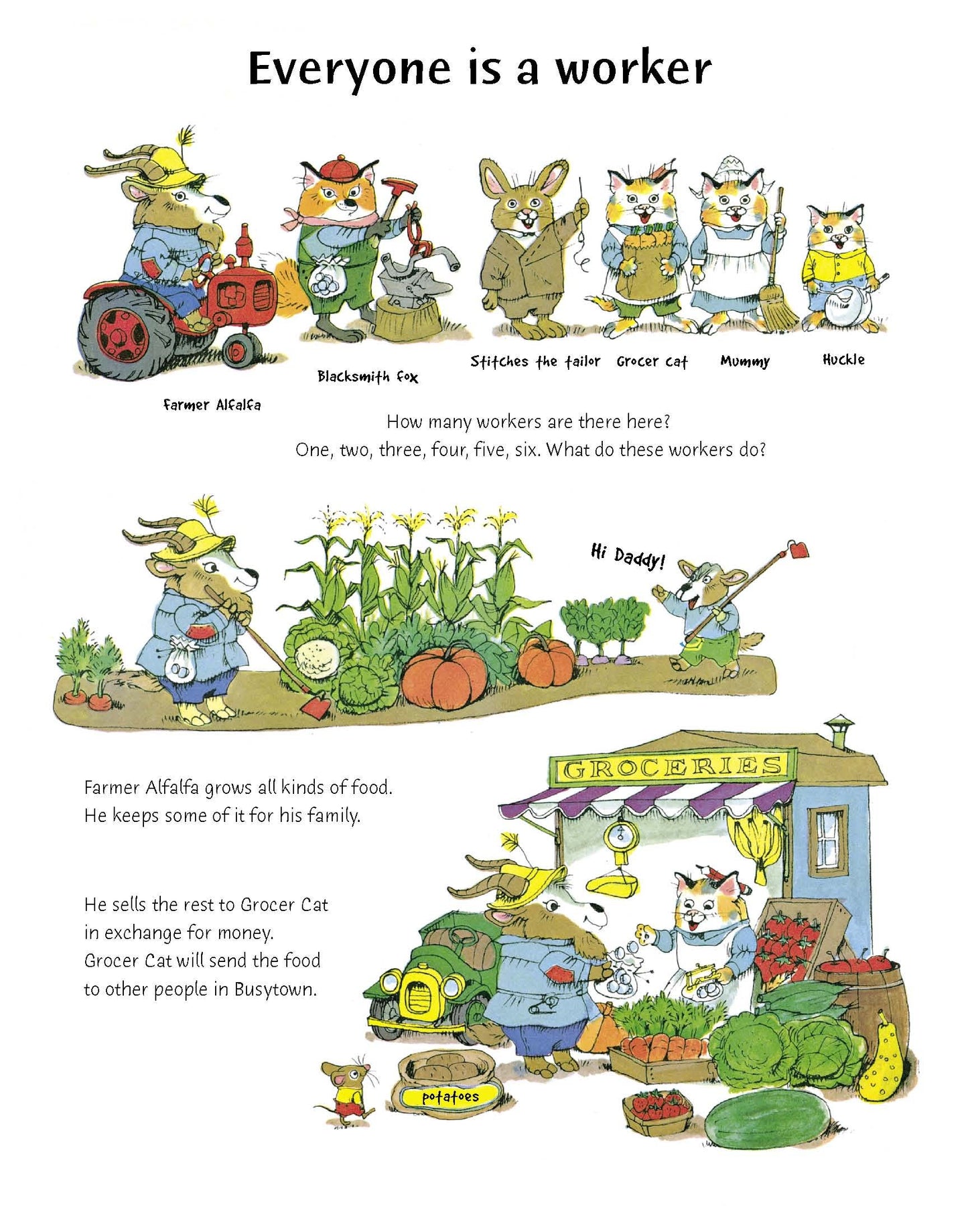 a second page with illustrations of animals farming, a farmers market, and text