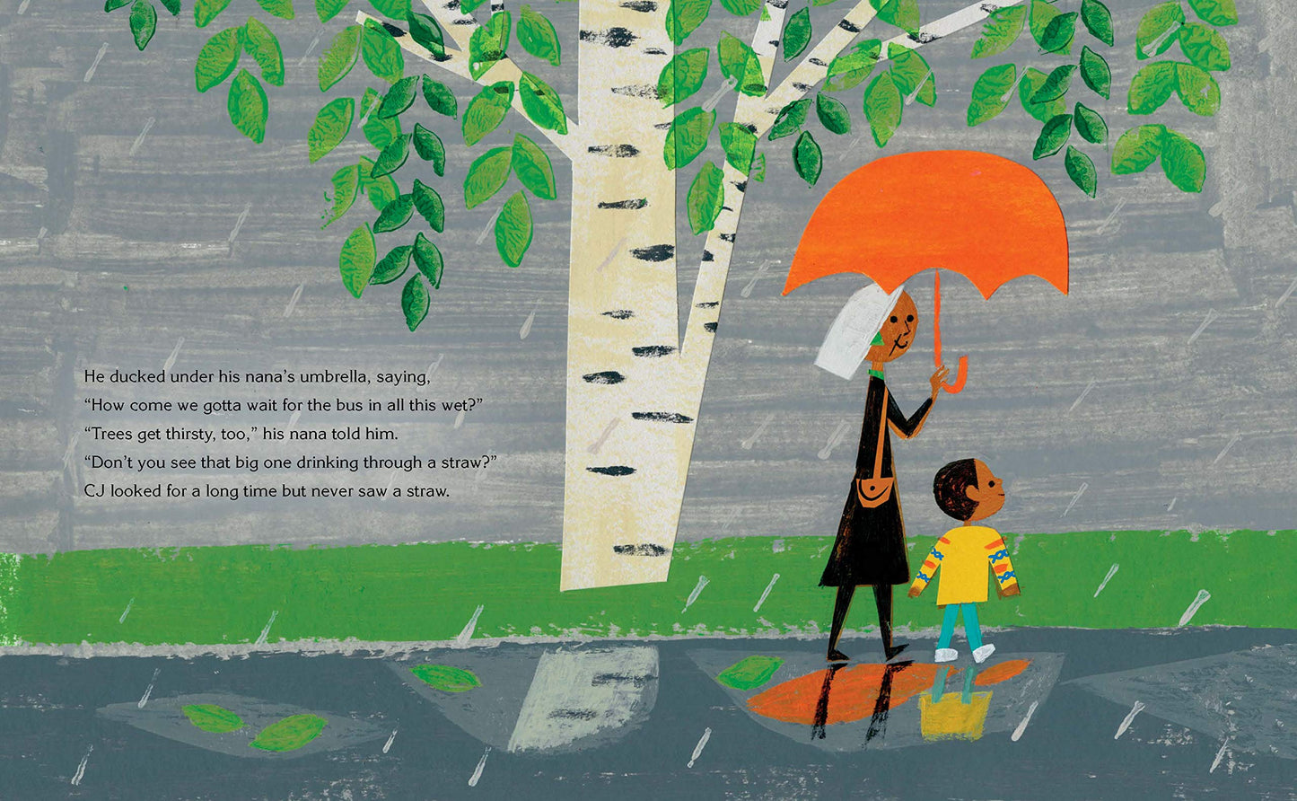 inside view with drawing of a woman and child walking in the rain with an umbrella, and text