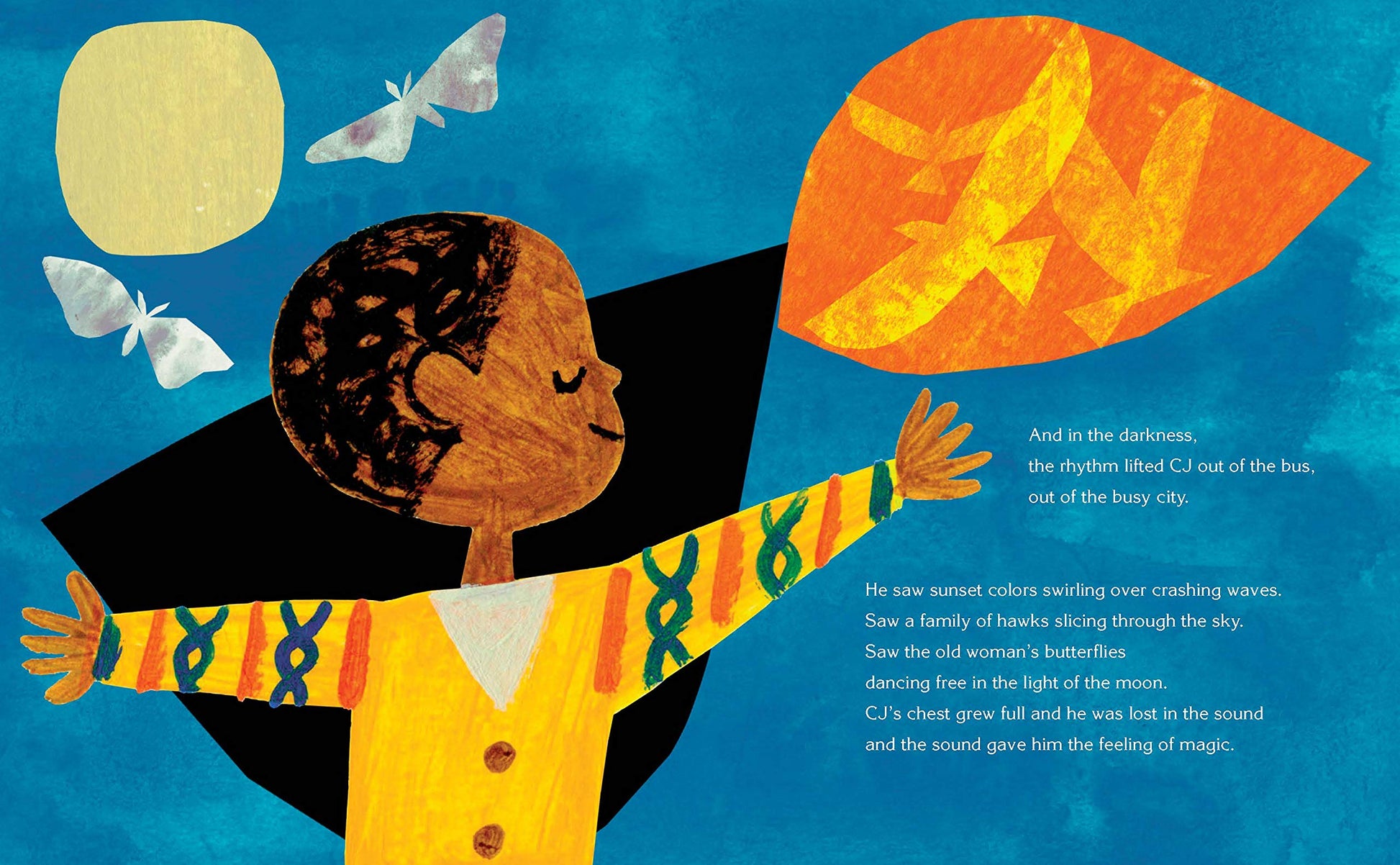 more pages with drawing of a child in front of a background of blue, black, and orange, butterflies, birds, and text