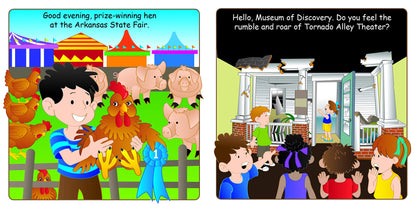 fourth set of pages with one kids at a fair holding a chicken and text, the other page has a group of kids looking at tornado alley theater and text