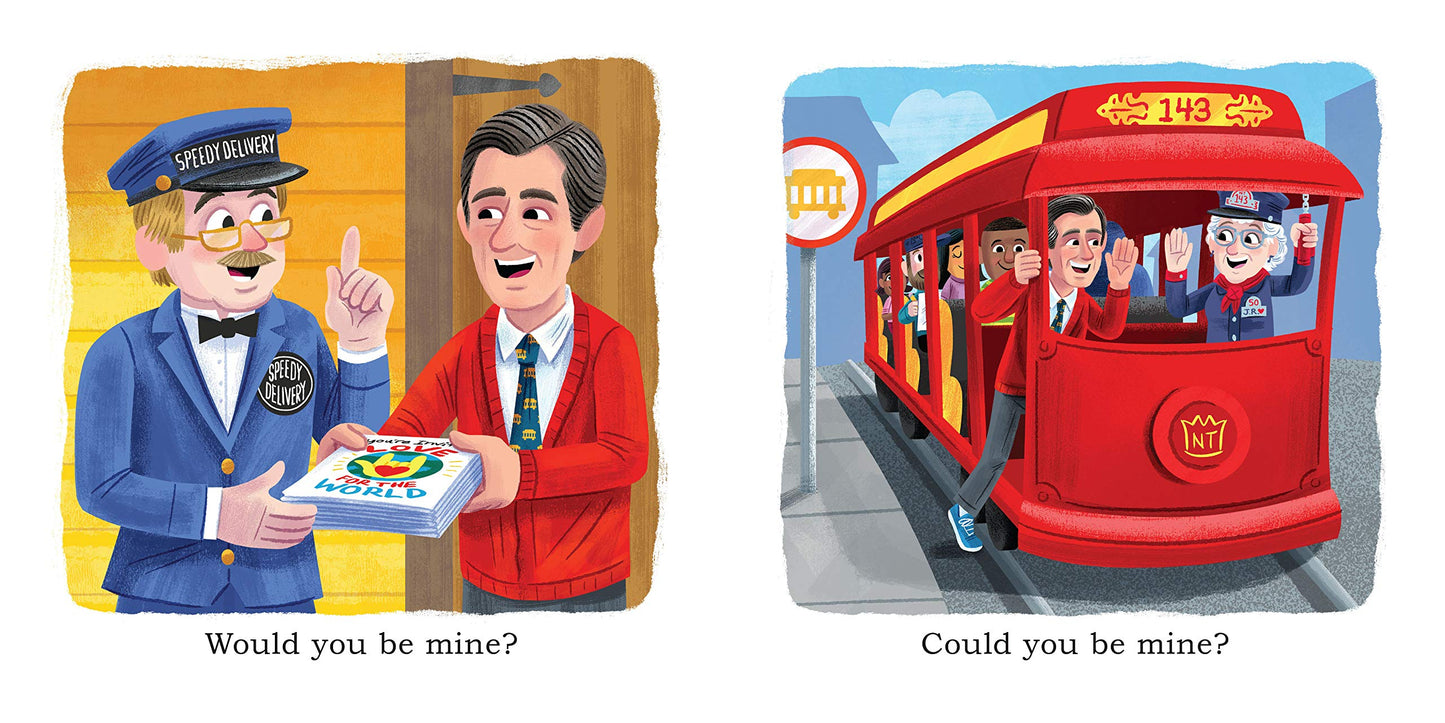 next pages has mr. rodgers greeting the delivery man and text, other page has mr. rodgers riding the trolley, and text