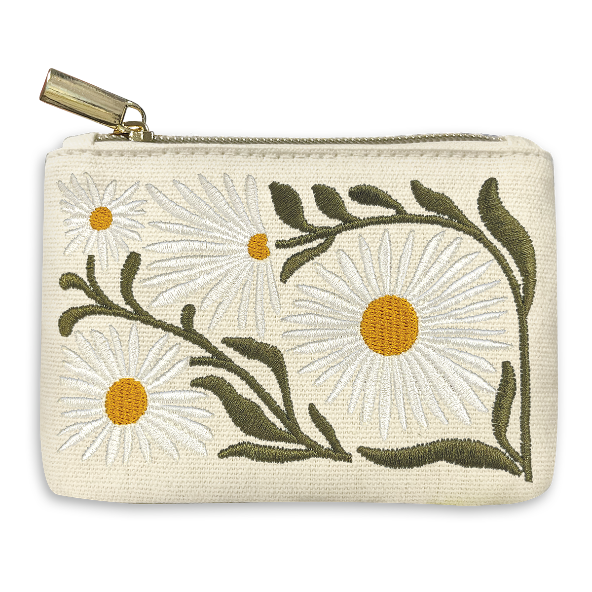 cream colored zipper bag with embroidered daisy design and gold zipper.