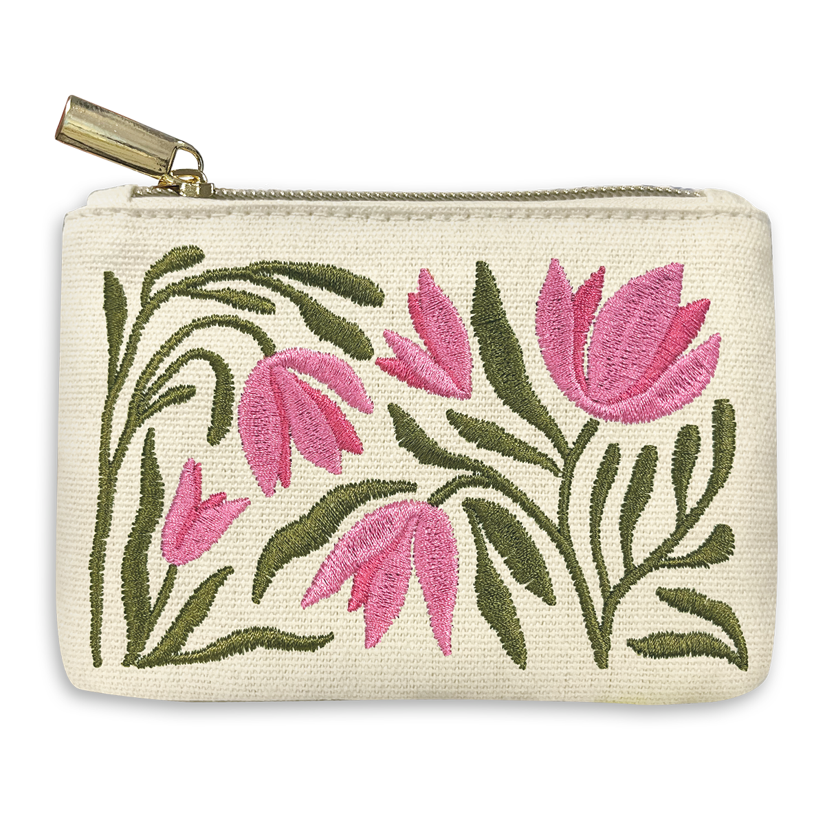 cream colored zipper bag embroidered with pink tulips.