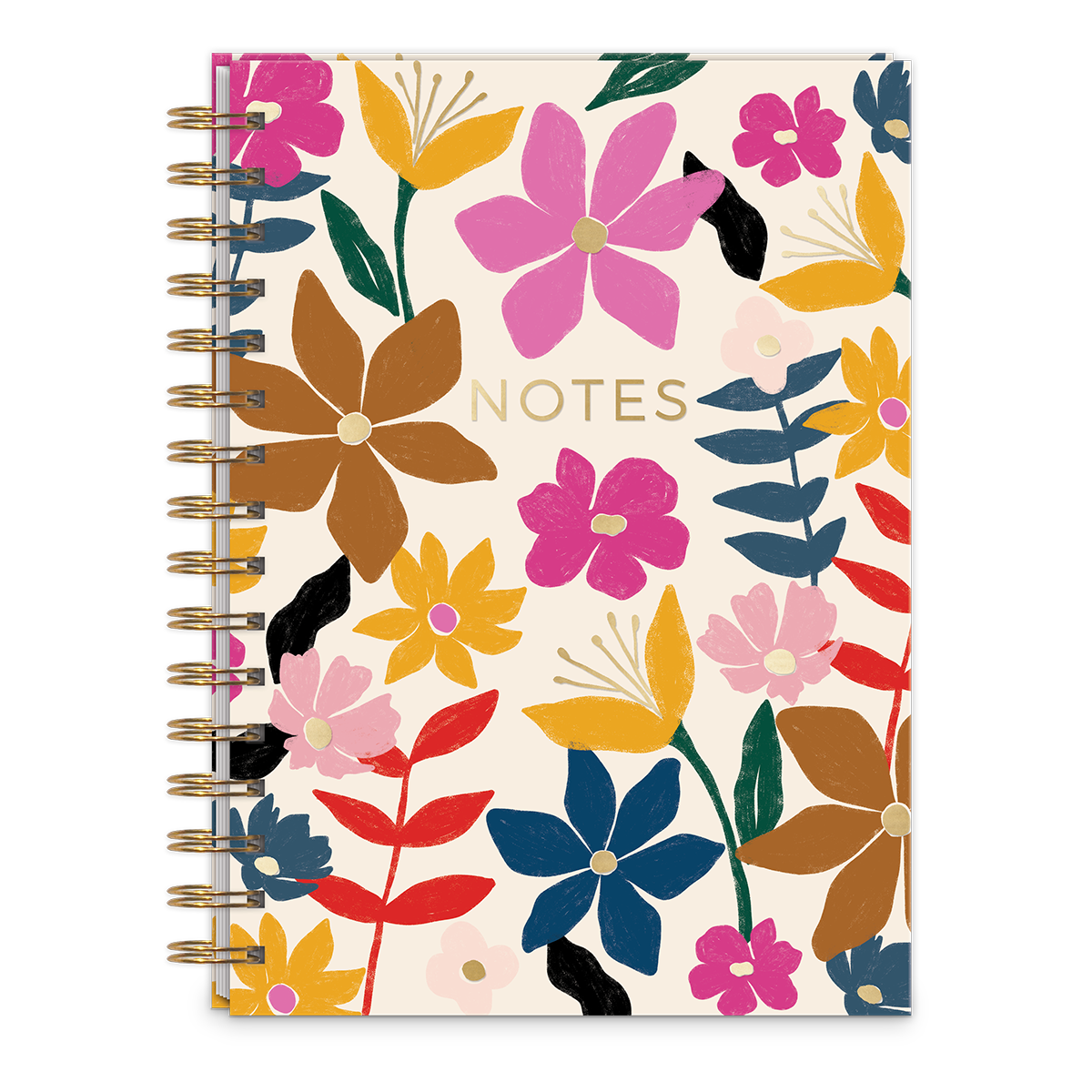 cream colored notebook with gold spiral and all-over floral design.