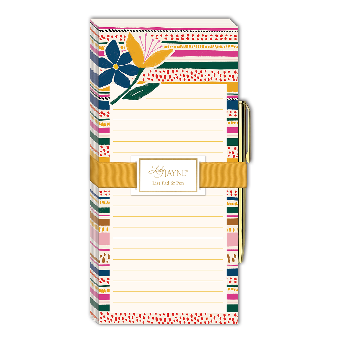 off-white note pad with striped boarder and a blue and yellow flower in the top corner.