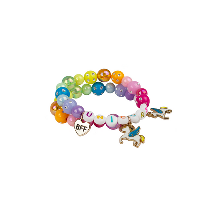 an angled view of the dreams unicorn bff bracelets on a white background