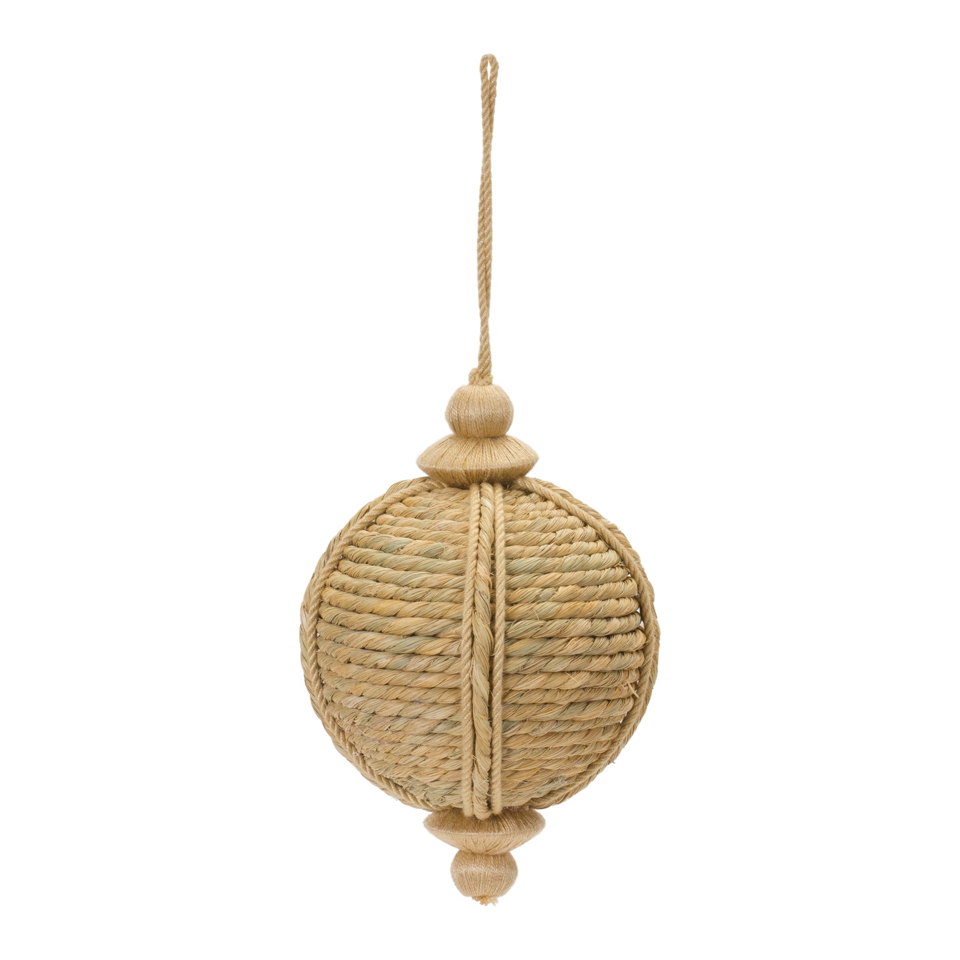 jute ball ornament with wood finial on top and bottom.