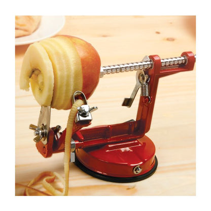 close-up of apple master slicing, peeling, and coring red apple.