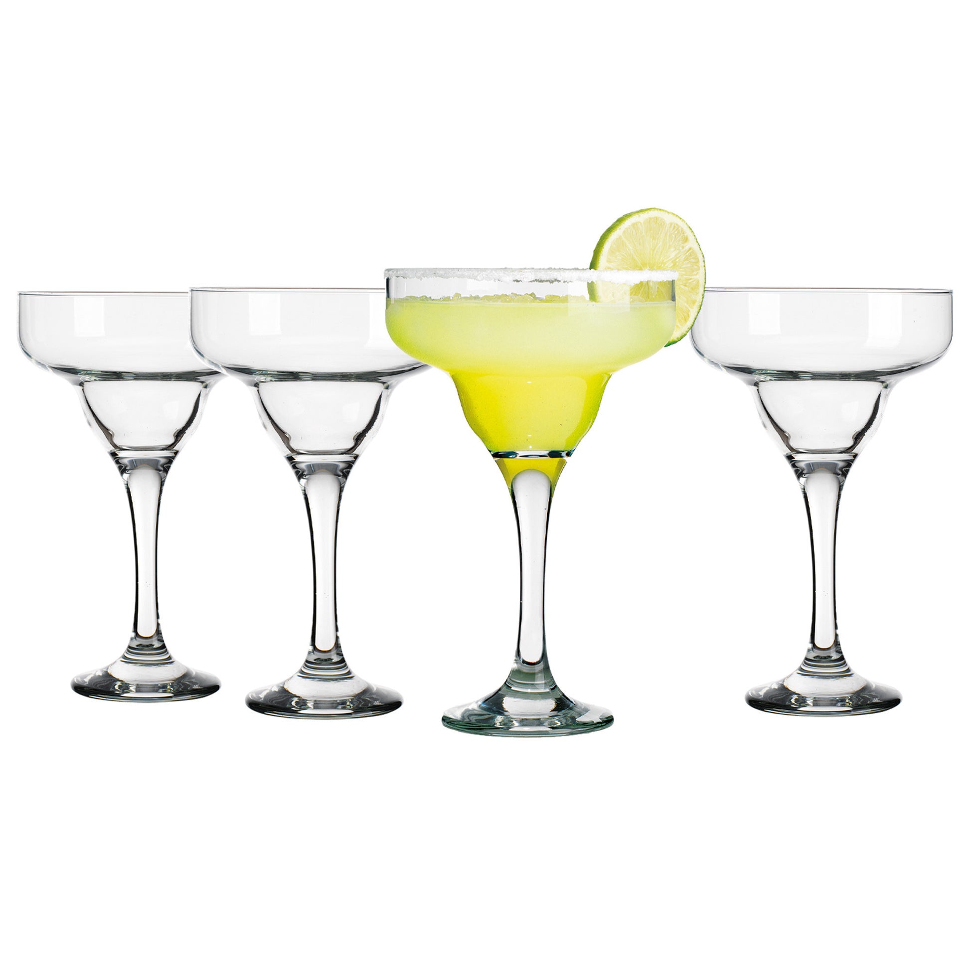 four margarita glasses one filled on a white background