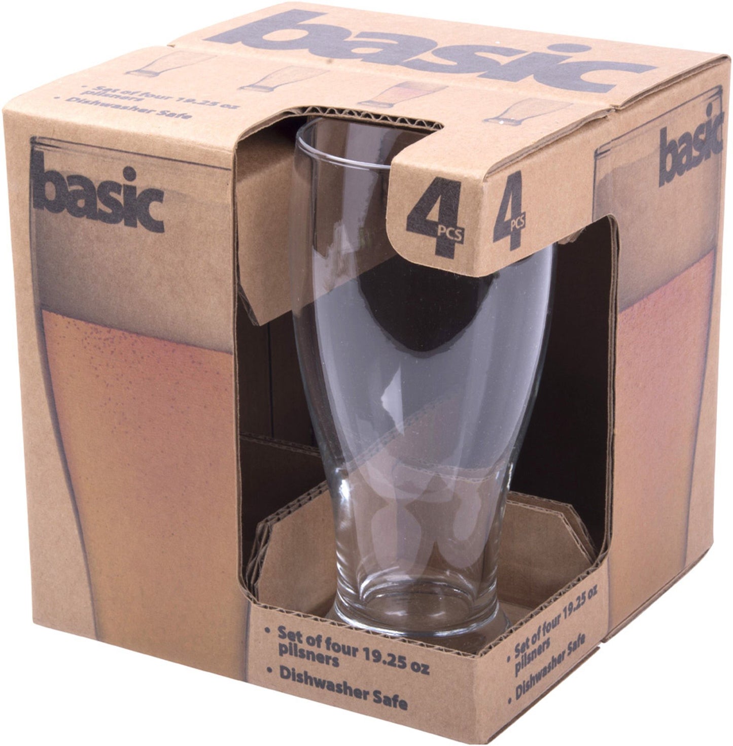 box package of four pilsner glasses on a white background