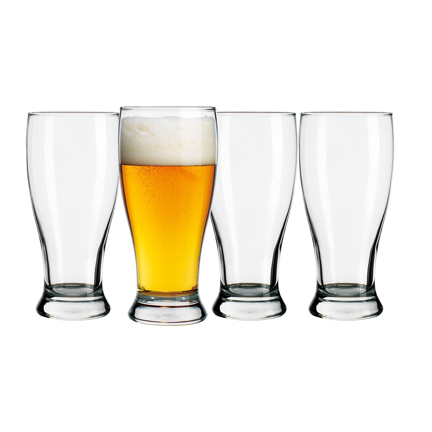 four pilsner glasses on filled with beer on a white background