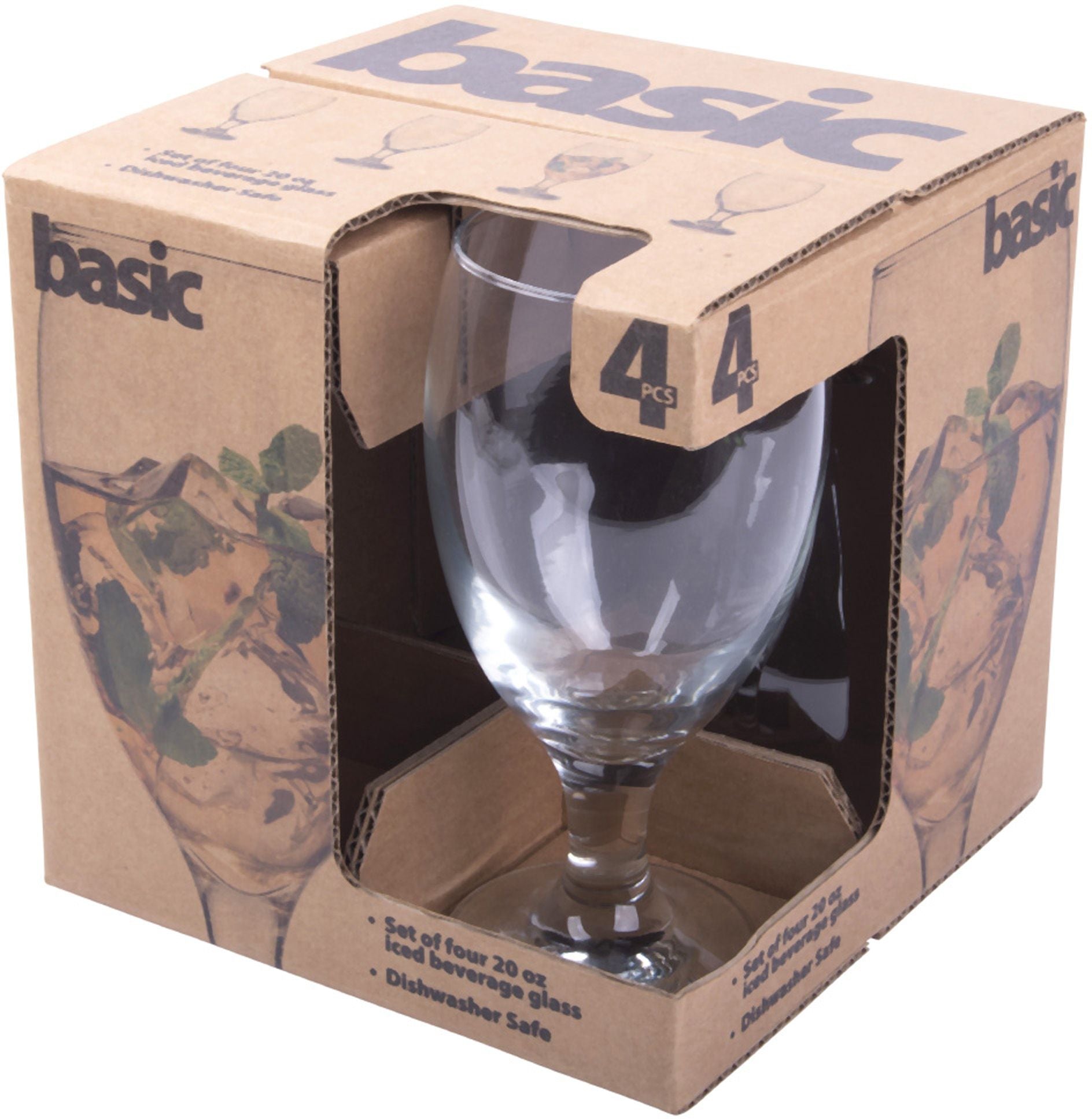 boxed package of four ice tea glasses on a white background