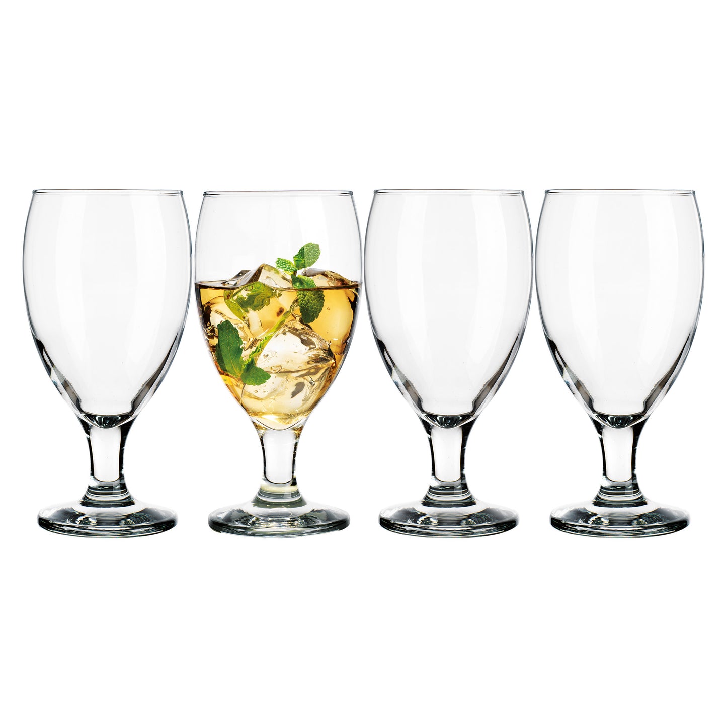 four ice tea glasses one filled with tea on a white background 