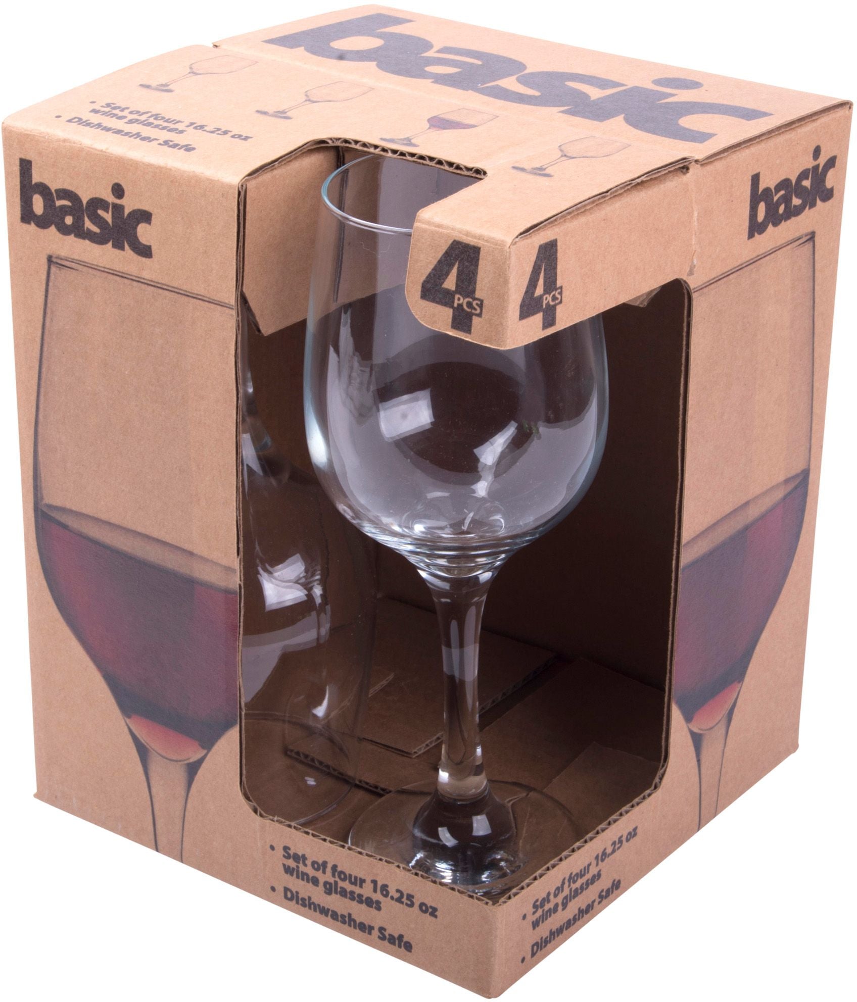 box package of four wine glasses on a white background