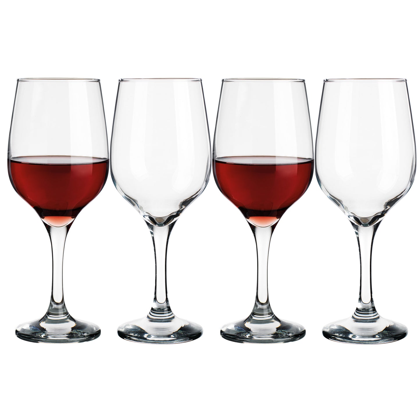 four wine glasses two with wine against a white background