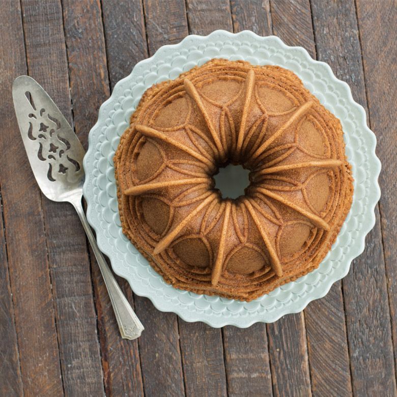 top view of Vaulted Cathedral Bundt cake on plate.