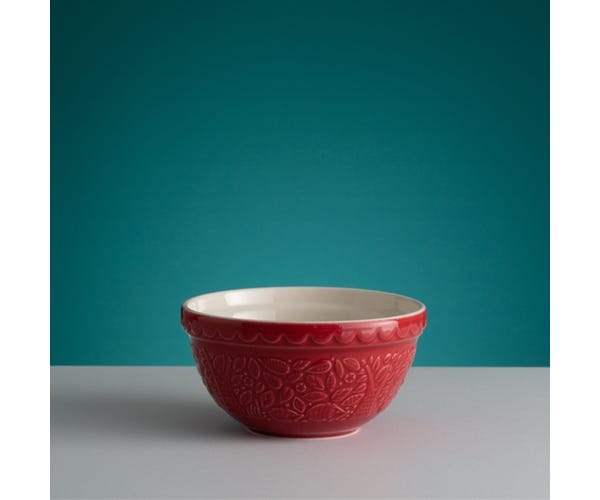 red forest bowl on a counter with a teal background.