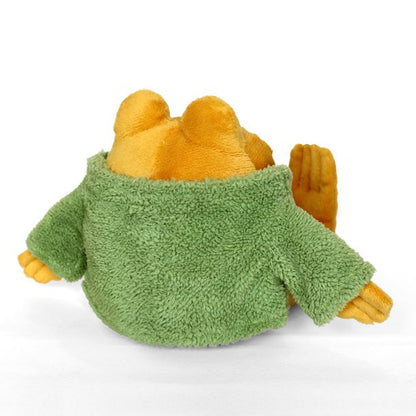 back view of plush toad doll on white background.