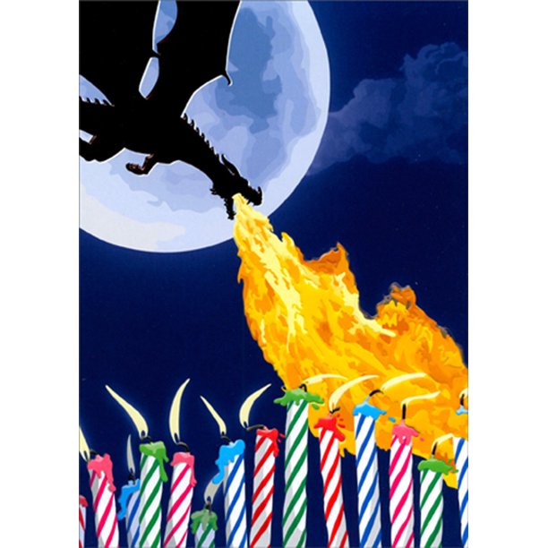 front of card is a drawing of a dragon in the sky blowing fire at a lot of birthday candles