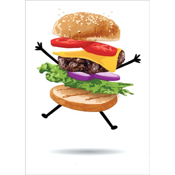 front of card is white with a hamburger with arms and legs jumping for joy
