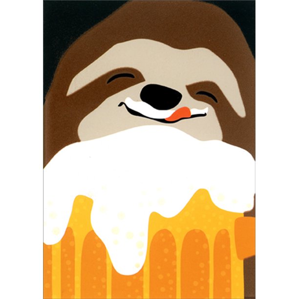 front of card is a drawing of a sloth drinking a beer