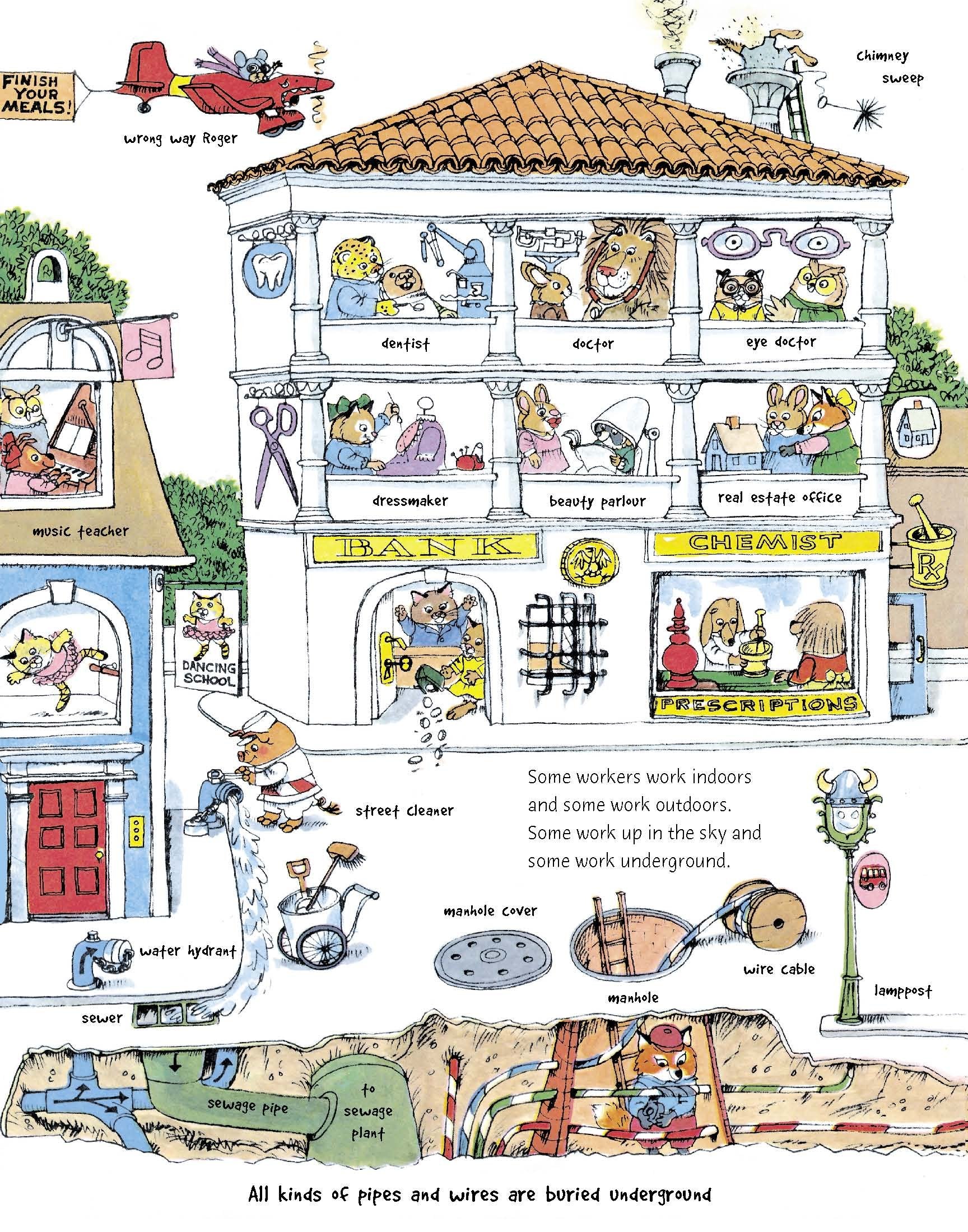 inside view of a page with drawings of city buildings and animals working inside, and text