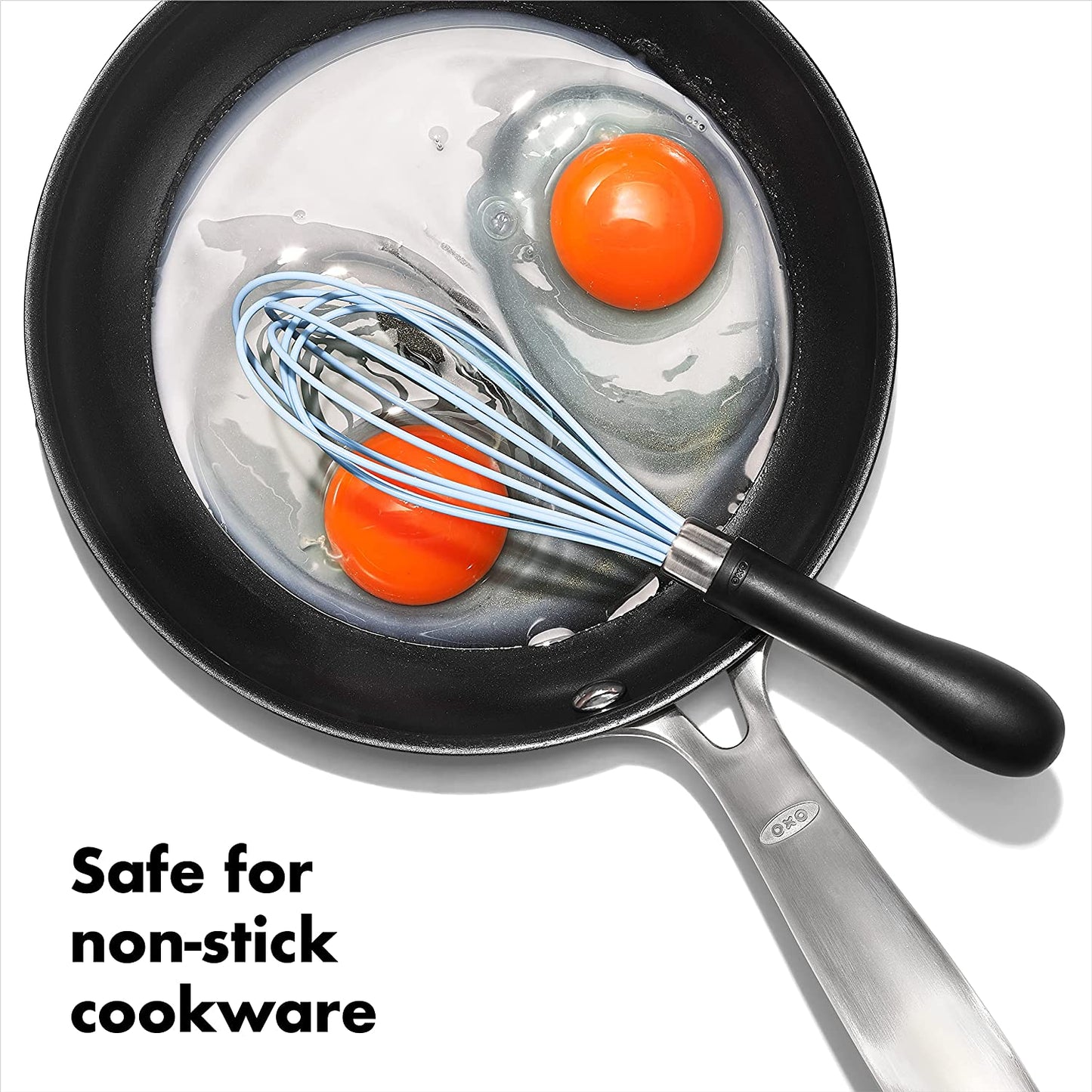 whisk in fry pan filled with eggs and text "safe for non-stick cookware".