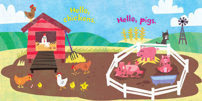 pages inside with illustration of pigs in a pig pen, chickens pecking the ground and in the chicken coop, and text