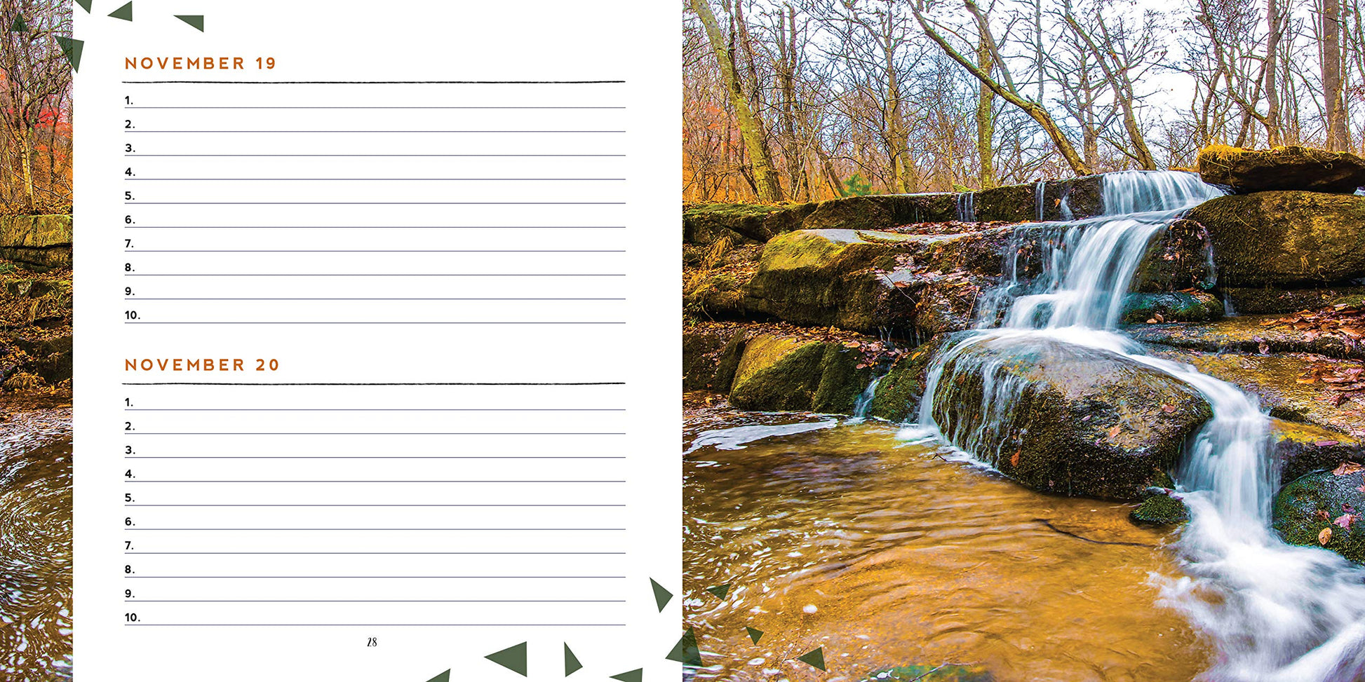 a second set of pages with picture of water flowing over rock, next to lined section for writing in