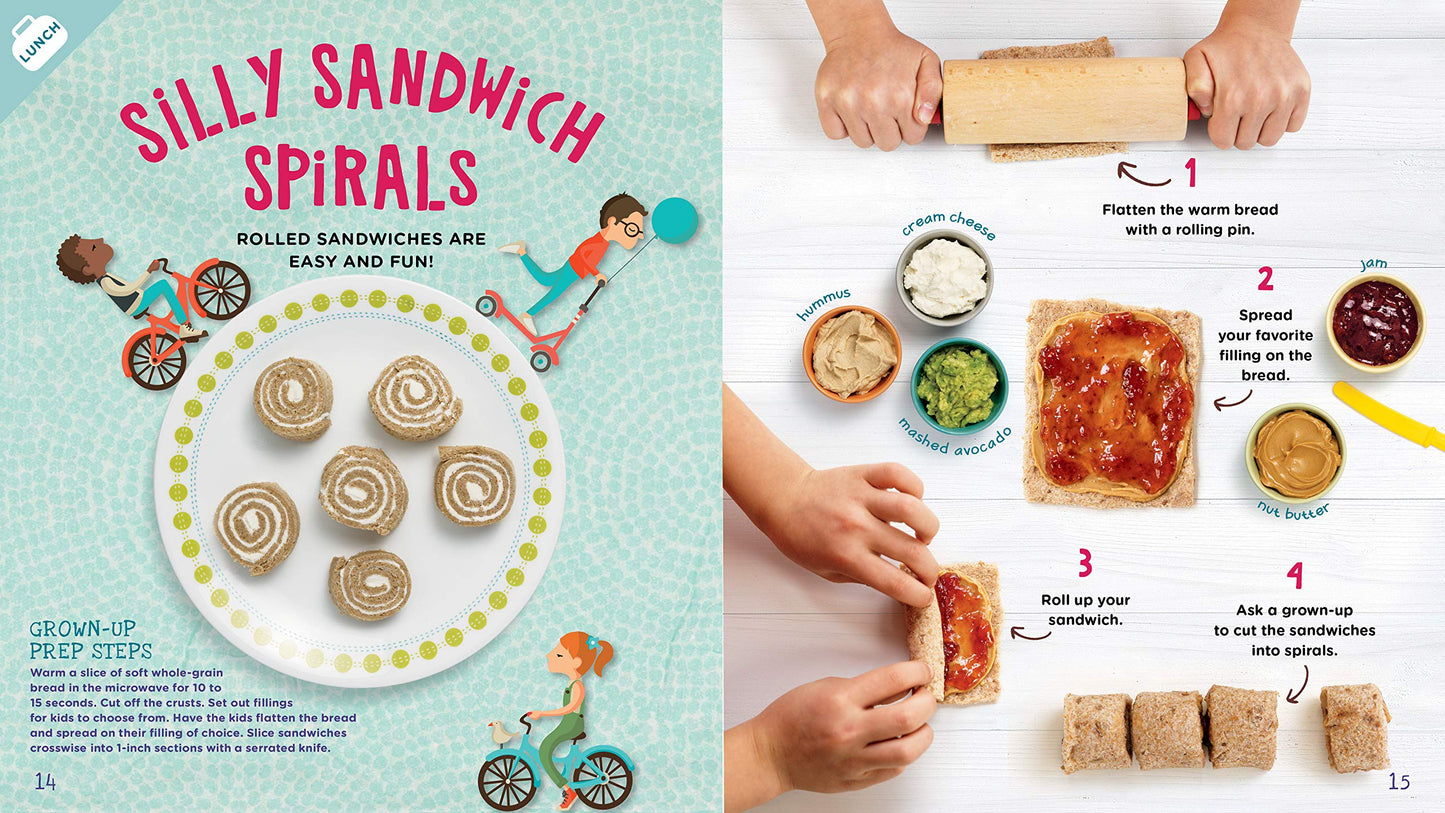 inside page with photos and recipe for silly sandwich spirals.