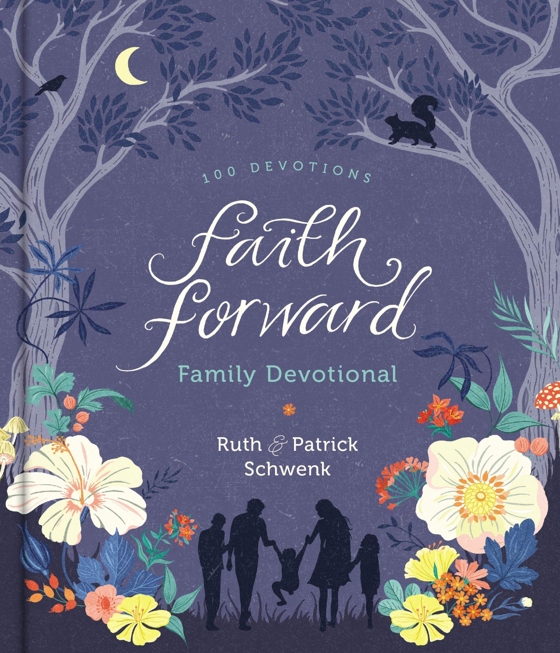 cover of book is a forest with flowers and a family walking with title