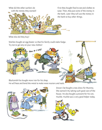 a third page with illustrations of animals fixing things, and text