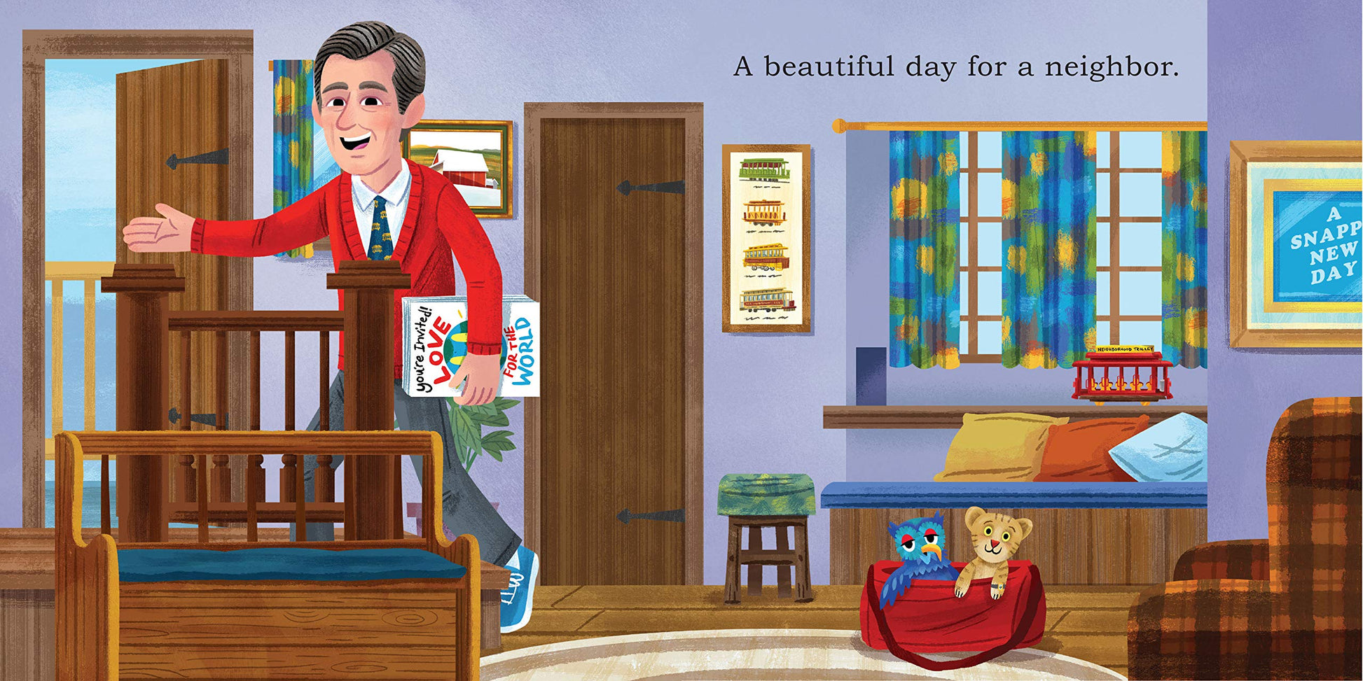 next set of pages has illustration of mr. rodgers inside his home and text