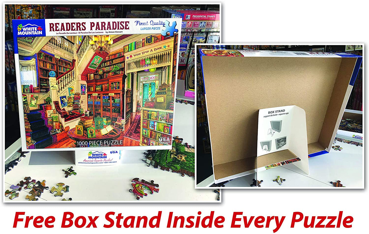 picture showing front and back of the box and how every box comes with a free box stand 