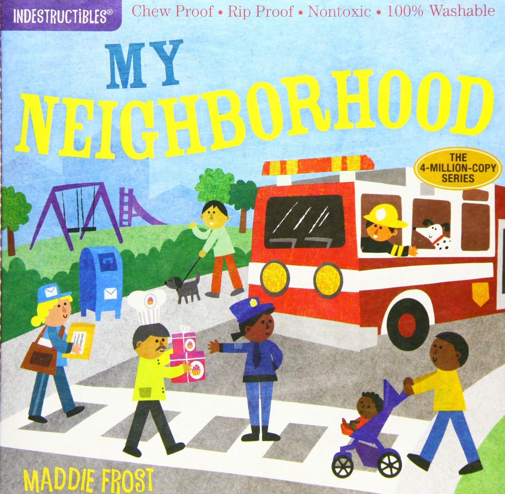 front cover of book has illustration of a busy road in a neighborhood with people walking at a crosswalk, a mail woman, and a firetruck, title, and author's name