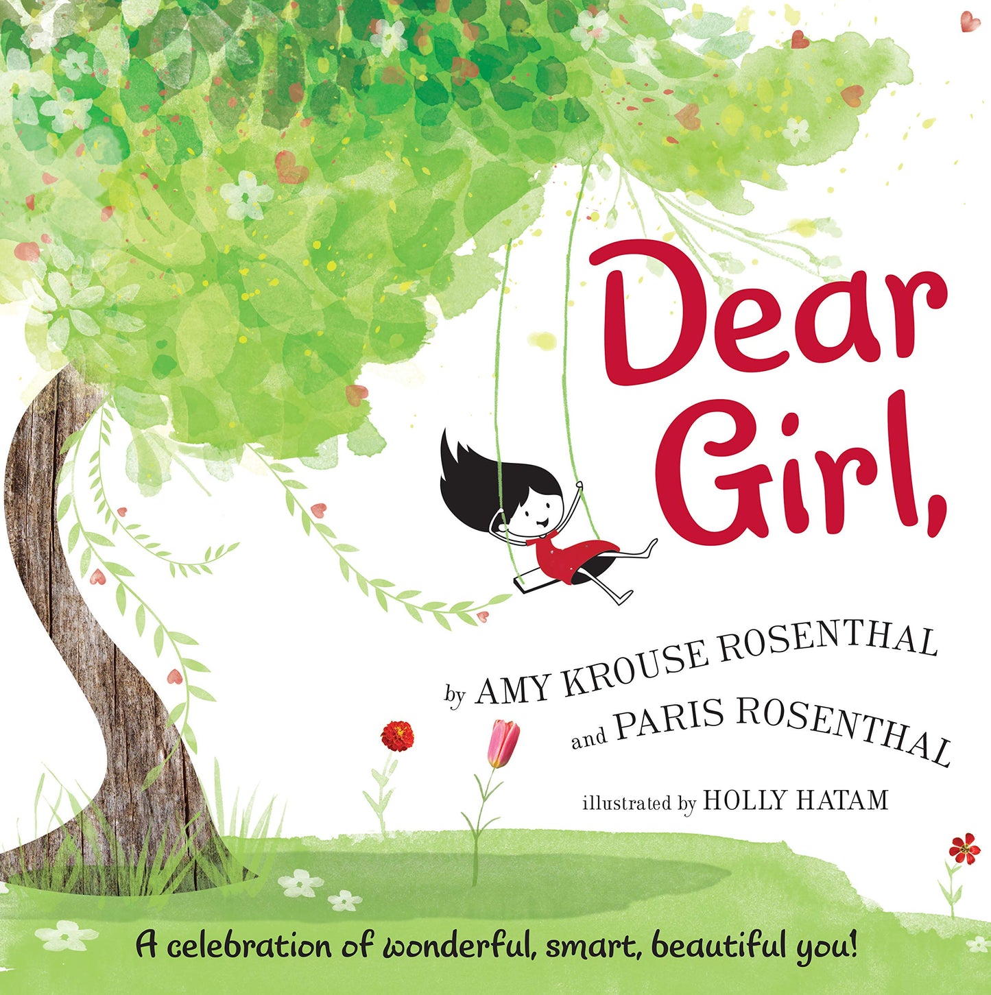 front of book has a tree with a girls swinging on it, title, authors name, and illustrators name