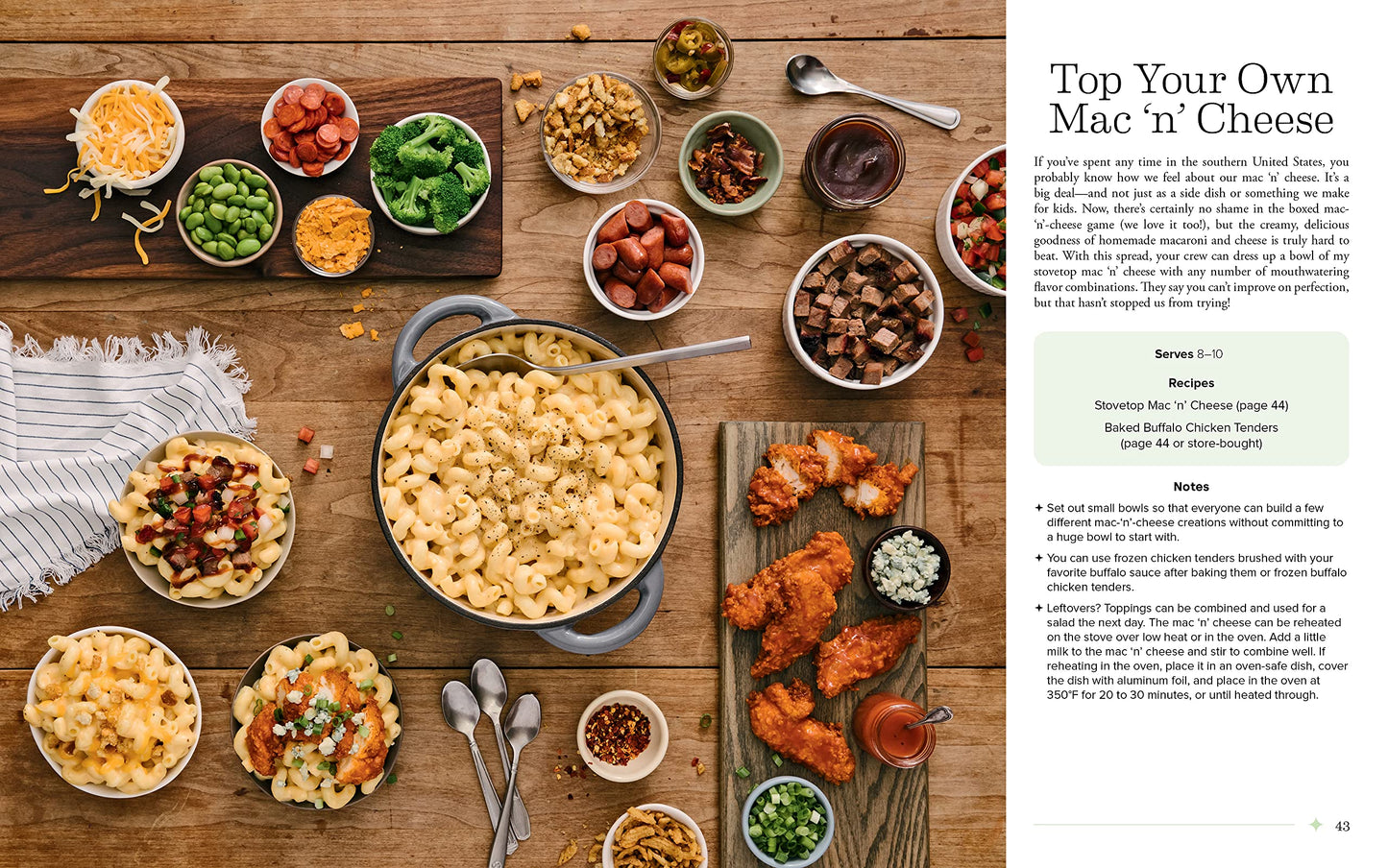 fifth set of pages has a picture of mac n cheese spread with toppings on a wooden table and text