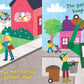 two pages inside the book with illustrations of a mail woman handing someone their mail in front of their house, and the other page with a trash truck emptying a trash can. and text