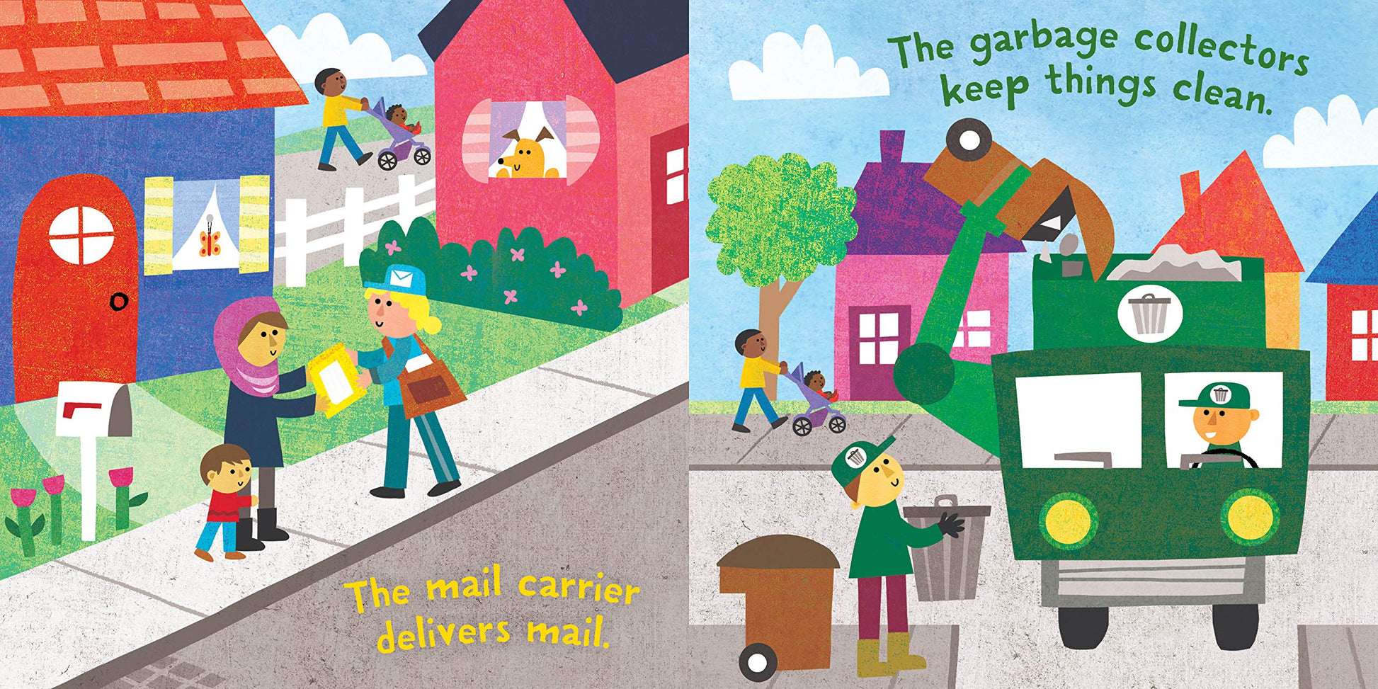 two pages inside the book with illustrations of a mail woman handing someone their mail in front of their house, and the other page with a trash truck emptying a trash can. and text