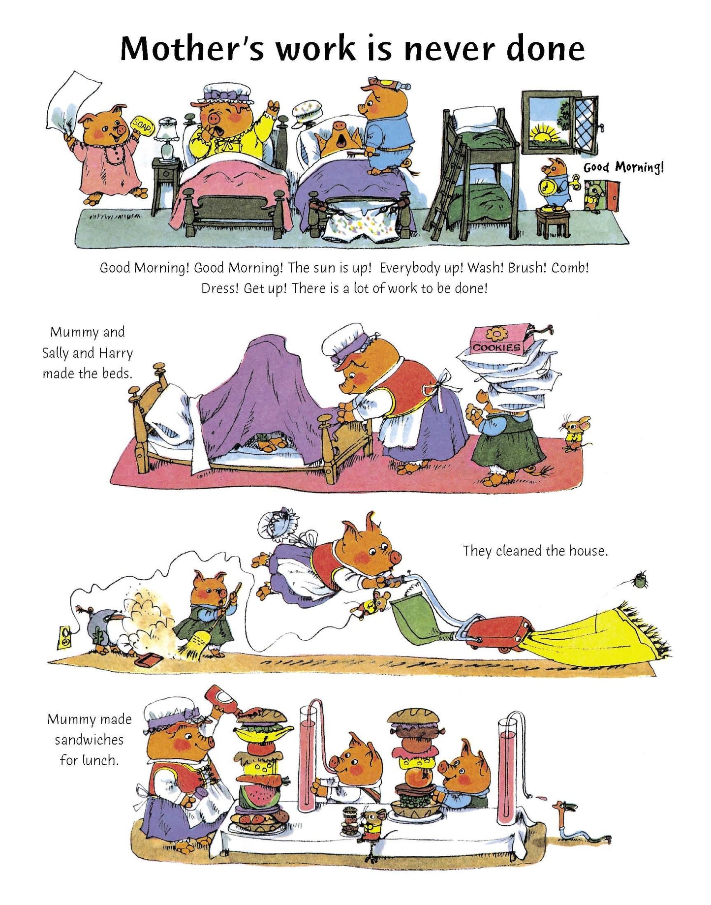 a fourth page with illustrations of animals doing different types of house work and text