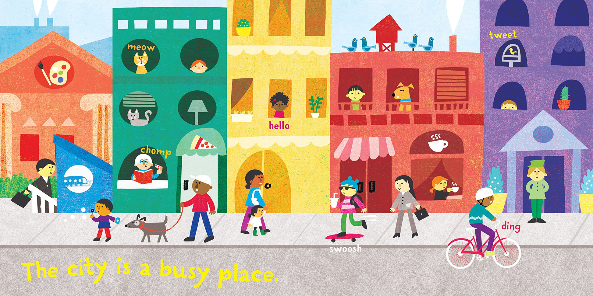 a set of pages with illustration of city buildings in bright colors and people walking on the side walks in front of them, and text